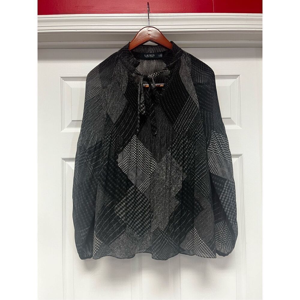 Lauren Ralph Lauren Black Print Tie Neck Accordion Blouse sz L EUC